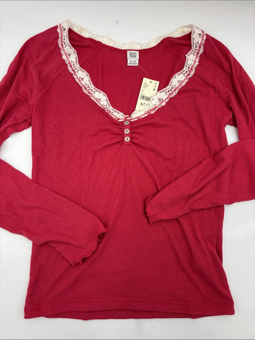 BDG Urban Outfitters Diana Lace Trim Crop Rib Knit Henley in Red